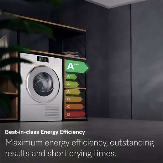 Miele T1 EcoSpeed TSD643 WP Wifi Connected 9Kg Heat Pump Tumble Dryer - White - Annotation - Energy efficient shot